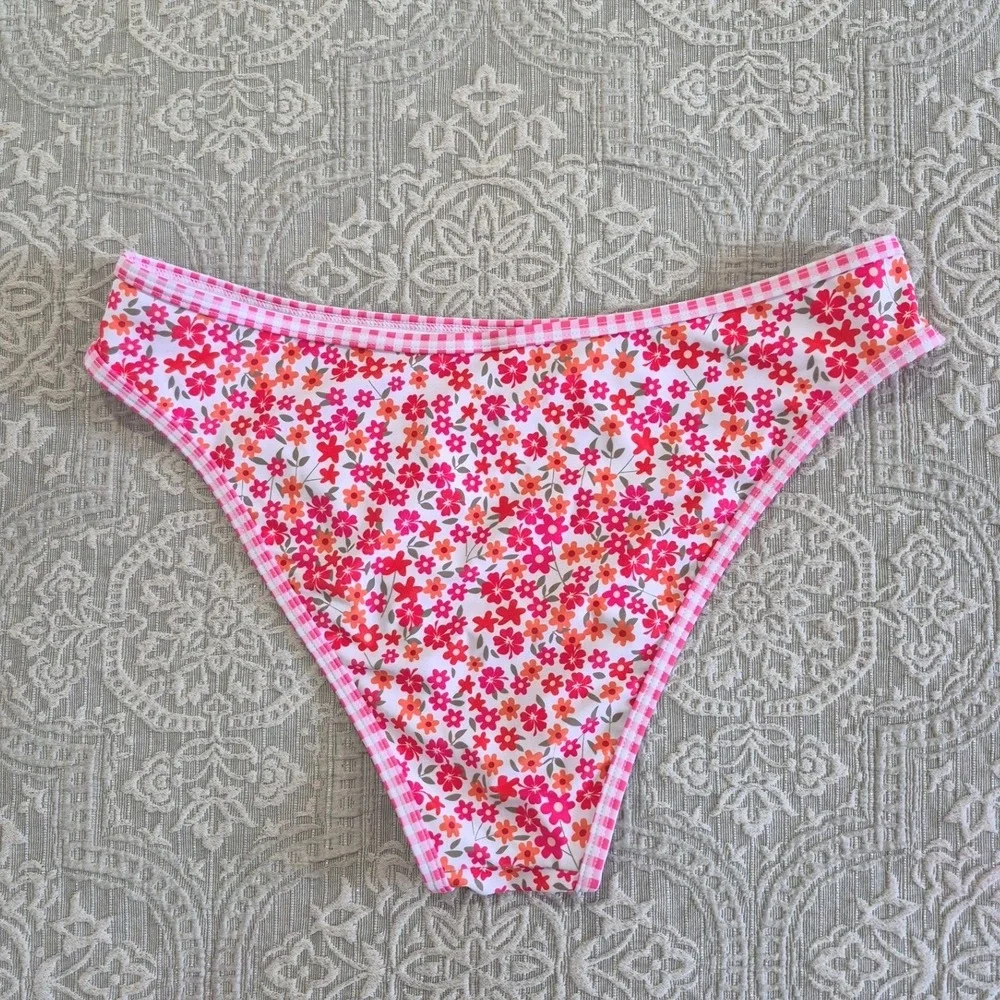Zaful Womens Pink Floral Gingham Trim Bikini‎ Bottoms Size M High Cut Swimwear